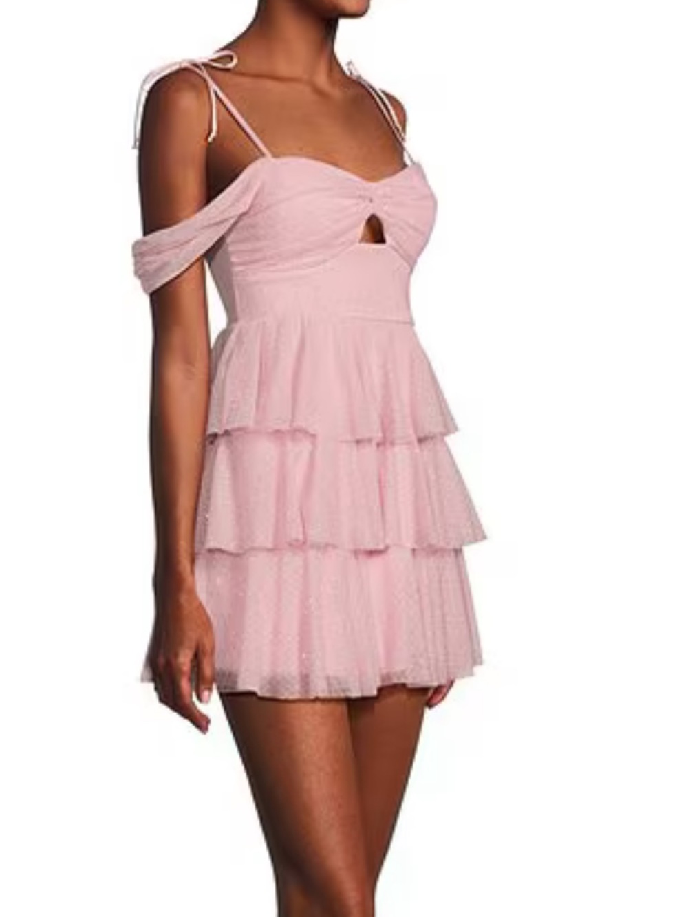 Honey and Rosie Blush Pink Tiered Off-Shoulder Mini Dress